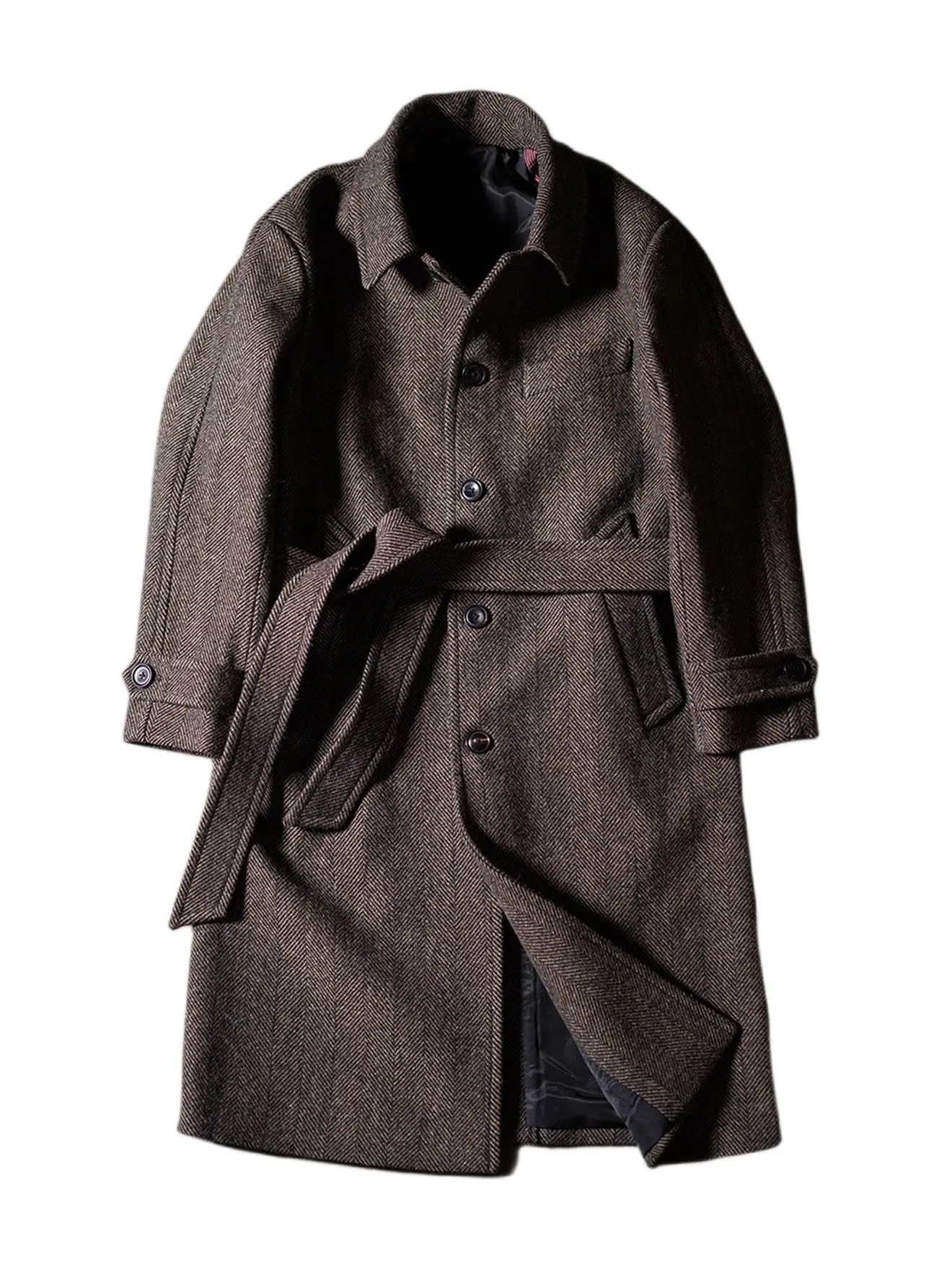 Men's Herringbone Tweed Balmacaan Coat Business Elegant