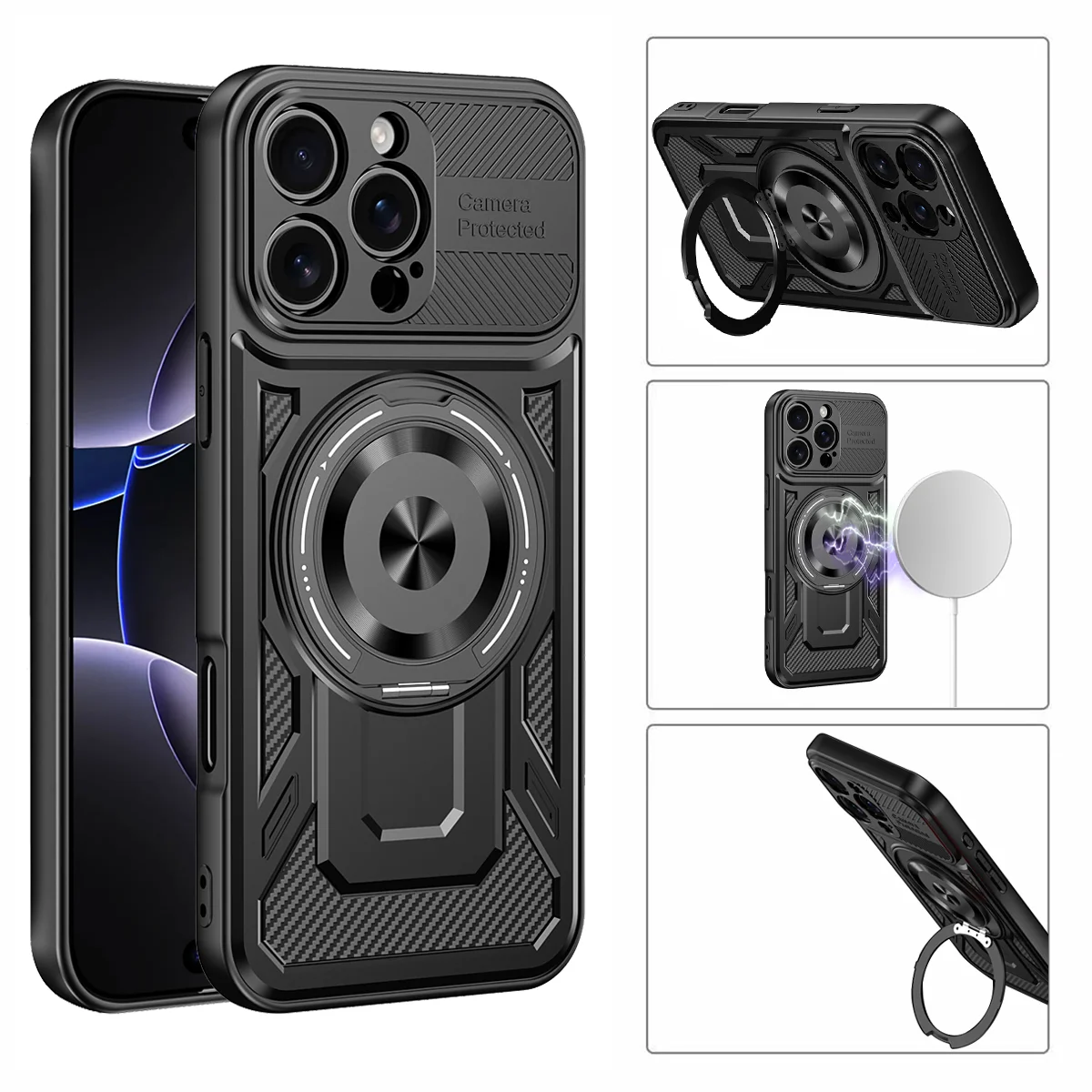 360° Magnetic Ring Stand Metal Case with Wireless Charging and Anti-Fall Protection