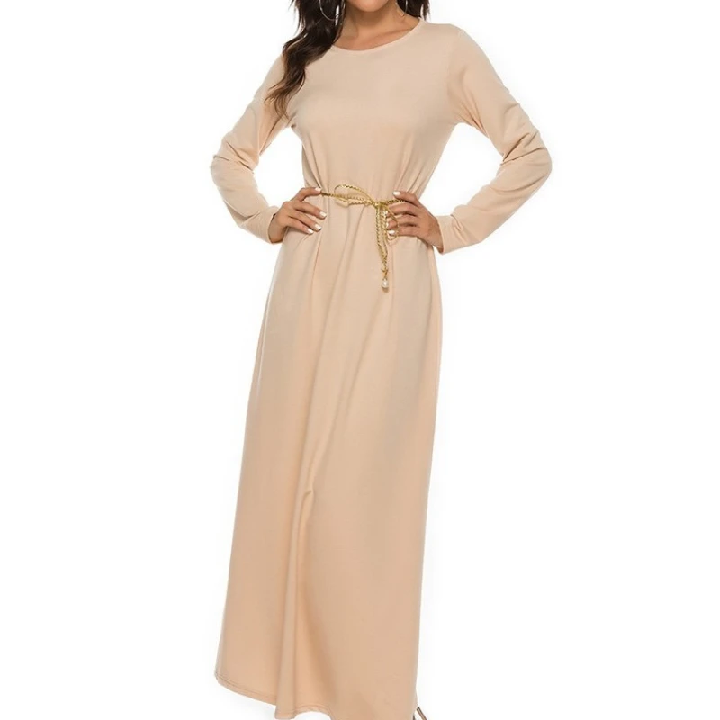 2023 Hot Sale Islamic Women's Muslim Abaya Basic Style Solid Color A- Line Long Sleeve Dress with Belt Casual Wholesale