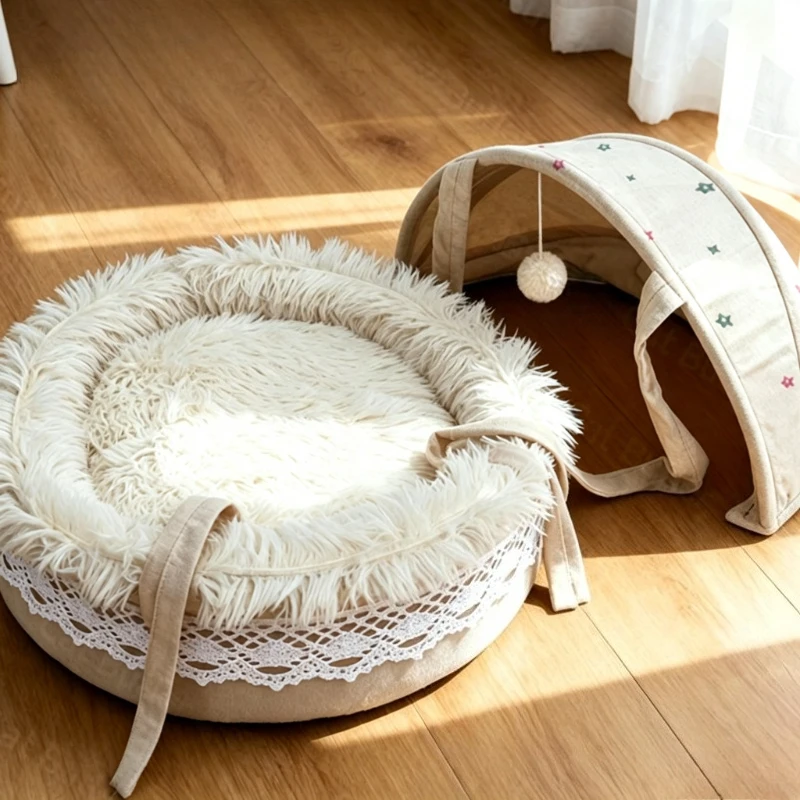 BOOTEELY Pet Cradle Cat Nest Bow Lace Semi-Closed Universal In All Seasons Breathable With Canopy Shading Pet Nest