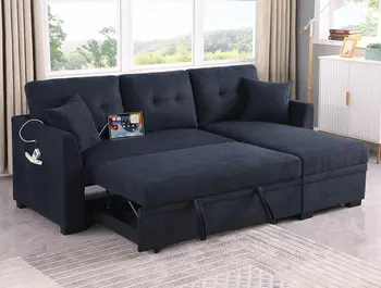 Convertible Pull Out Sleeper Sectional Sofa Couch Bed - L Shaped Corner Lounge Sofa with Dual USB Ports,Side Pockets