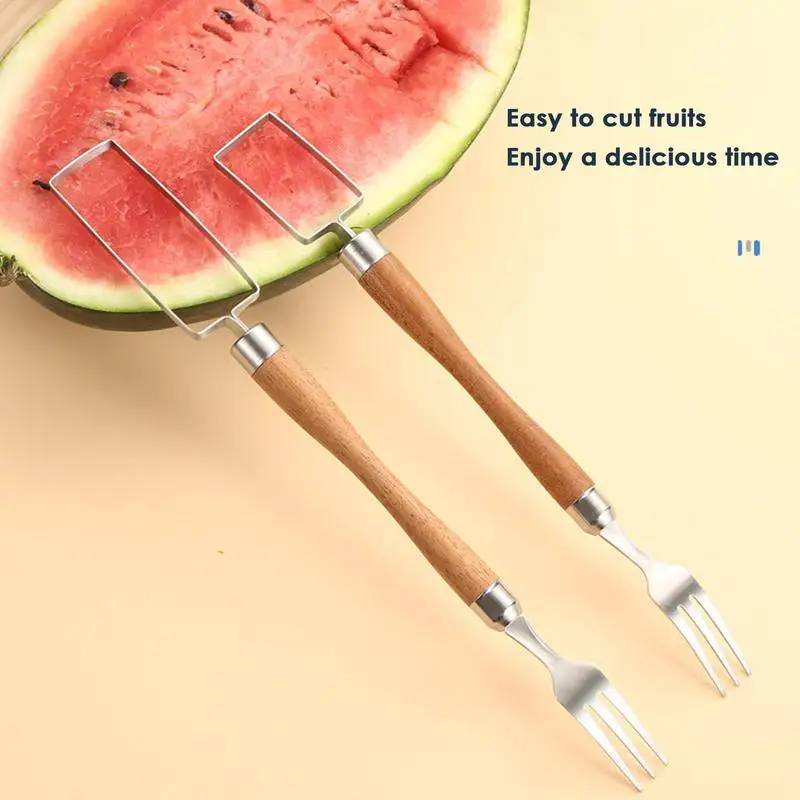 

Stainless Steel Watermelon Fork Fruit Divider Solid Wood Handle Double Head Comfortable Grip Ideal For Family Summer Party