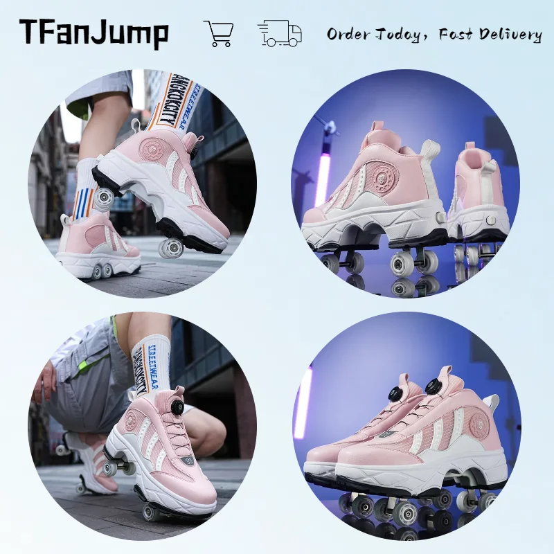 Deformation Roller Skates Shoes Double Row 4-Wheel Skates Roller Shoes with Wheels Dual-Purpose Roller Sneakers Skateboard Shoes