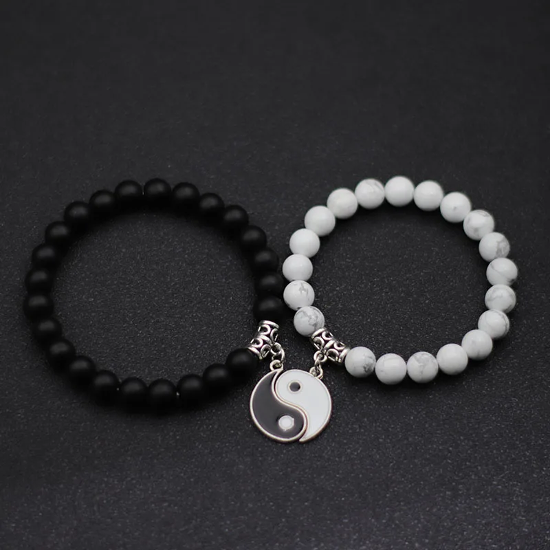 Magnetic Couple Bracelet Black White Beaded Valentine Day Gift