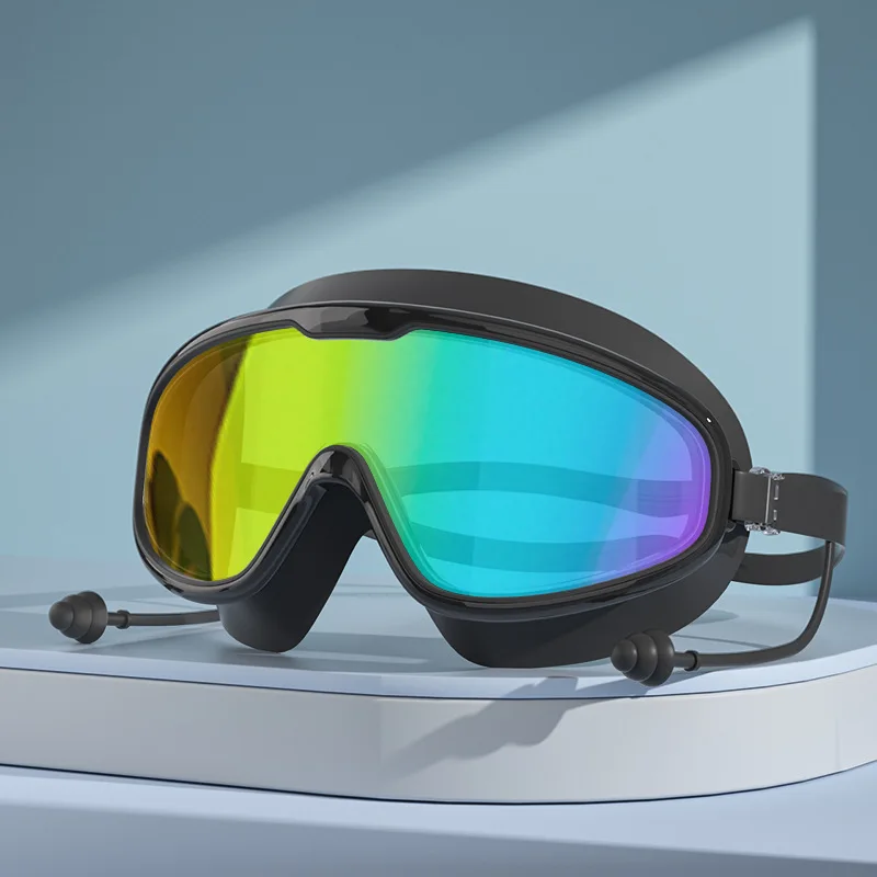 Adult swimming goggles anti fog high-definition silicone earplugs adjustable large frame