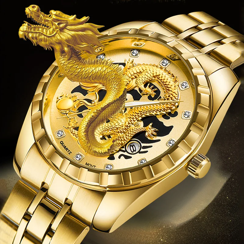 

Fashion WLISTH Top Brand Watch Men Embossed Hollow Dragon Wristwatch Men's Full Stainless Steel Gold Quartz Male Clock Erkek Kol