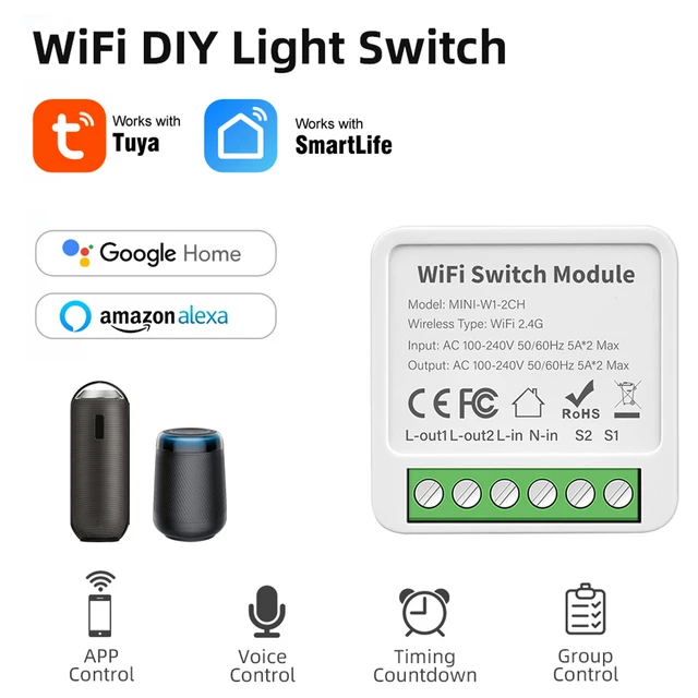 Tuya Mini 2/3/4 Gang Wifi Smart Switch 2 Way Module On Off Breaker Wireless