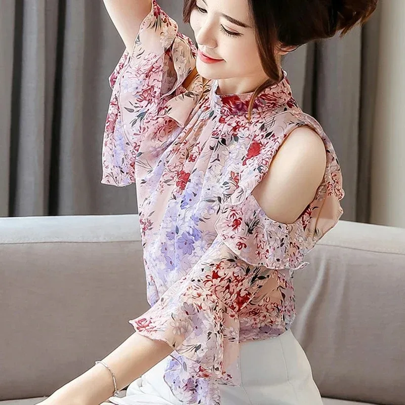 Short Sleeve Chiffon Blouses for Women Sweet Butterfly Sleeve Tops Off Shouer Shirts Floral Print Clothes 5388 50