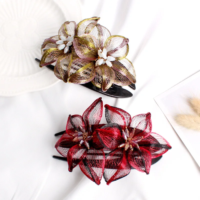 Fashion Copper Wire Flower Bridal Hairpin Hair Accessories for Women Elegant Handmade Spring Clip Headwear Mom's Jewelry Tiaras