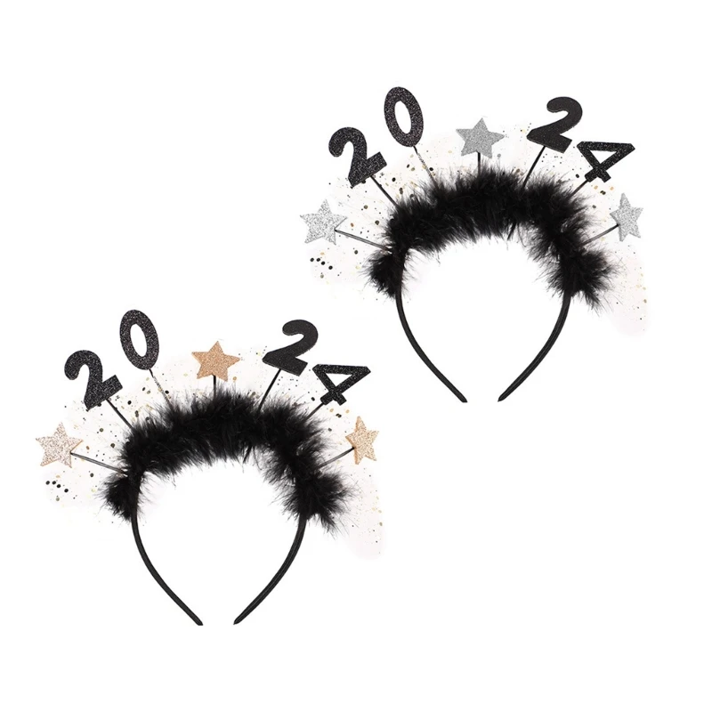 2024 Headband New Year Hair Hoop 2024 Happy New Year Headband New Year Star Headband For Women Girl Party Headpiece 2022 happy new year headband gold silver tinsel star hair hoop new year party christmas glittering decoration photo booth props