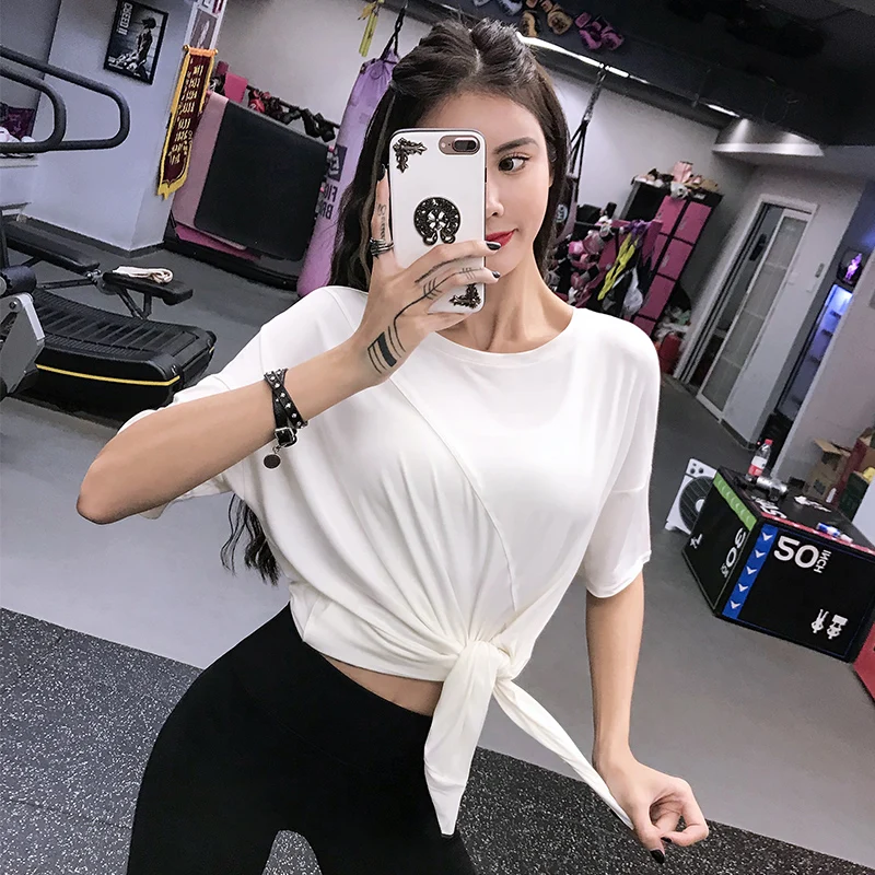 Lan 패턴 루즈 피트니스 탑 여성 여름 러닝 슬리밍 스포츠 요가 의류 반팔 캐주얼 티셔츠, 얇은 티셔츠