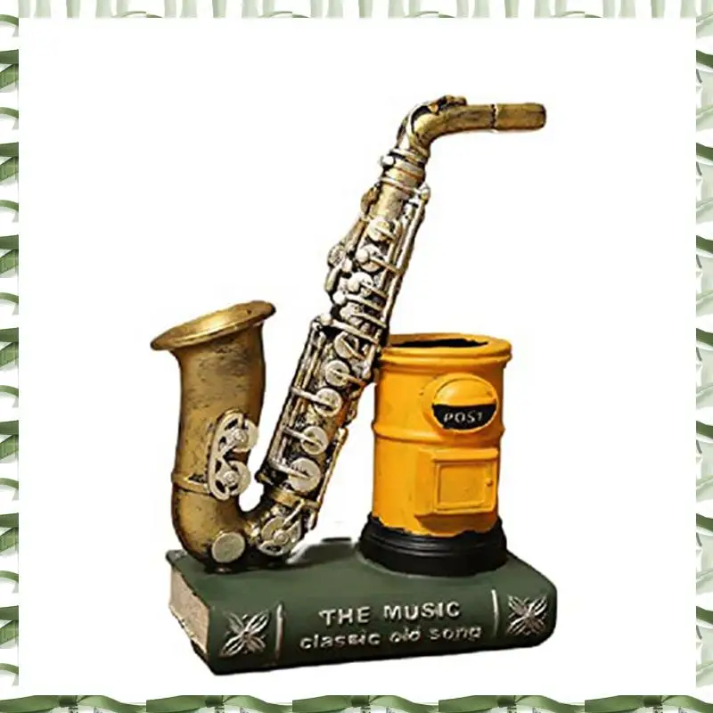 Saxophone Resin Waterproof Pencil Holder For Desk Makeup Brush Holder Office Supplies Resin Ornaments, Yellow 13 X 8.5 X 20Cm