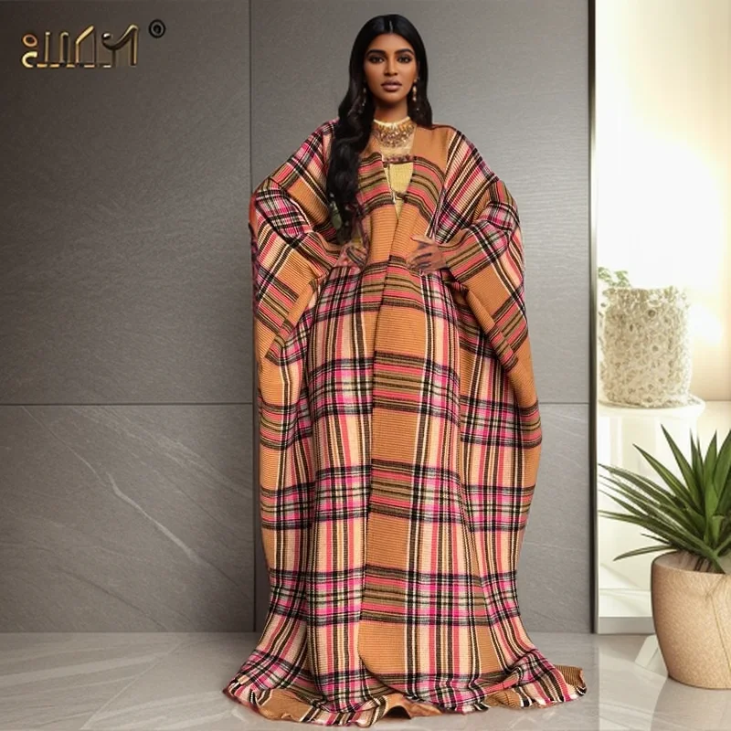 

WINYI new kimono maxi dress caftan for women Cardigan Plaid print party cloak dress holiday kimono fashion abaya long down coat