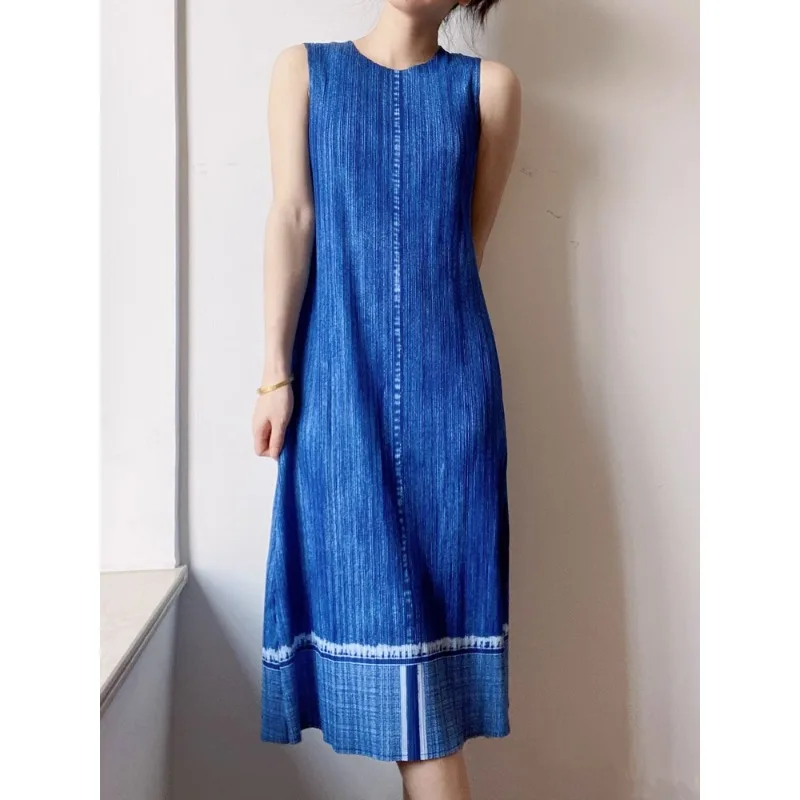 

GGHK Miyake Pleated Undershirt Dress Summer New Denim Color Printing Slim Thin Mid-length Versatile Dress Casual Daily Clothing