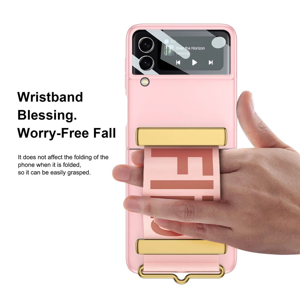 Fashion Hand Strap Phone Case For Samsung Galaxy Z Flip 5 4 ZFlip 3 5G Ultra Thin Hard Plastic Cover Wristband Ring