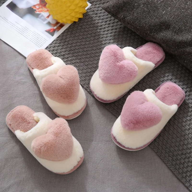 Autumn Winter Women Heart Shaped Home Slippers Ladies Fashion Indoor Warm Fluffy Slides Females Cute Casual Non-slip Plush Shoes 2