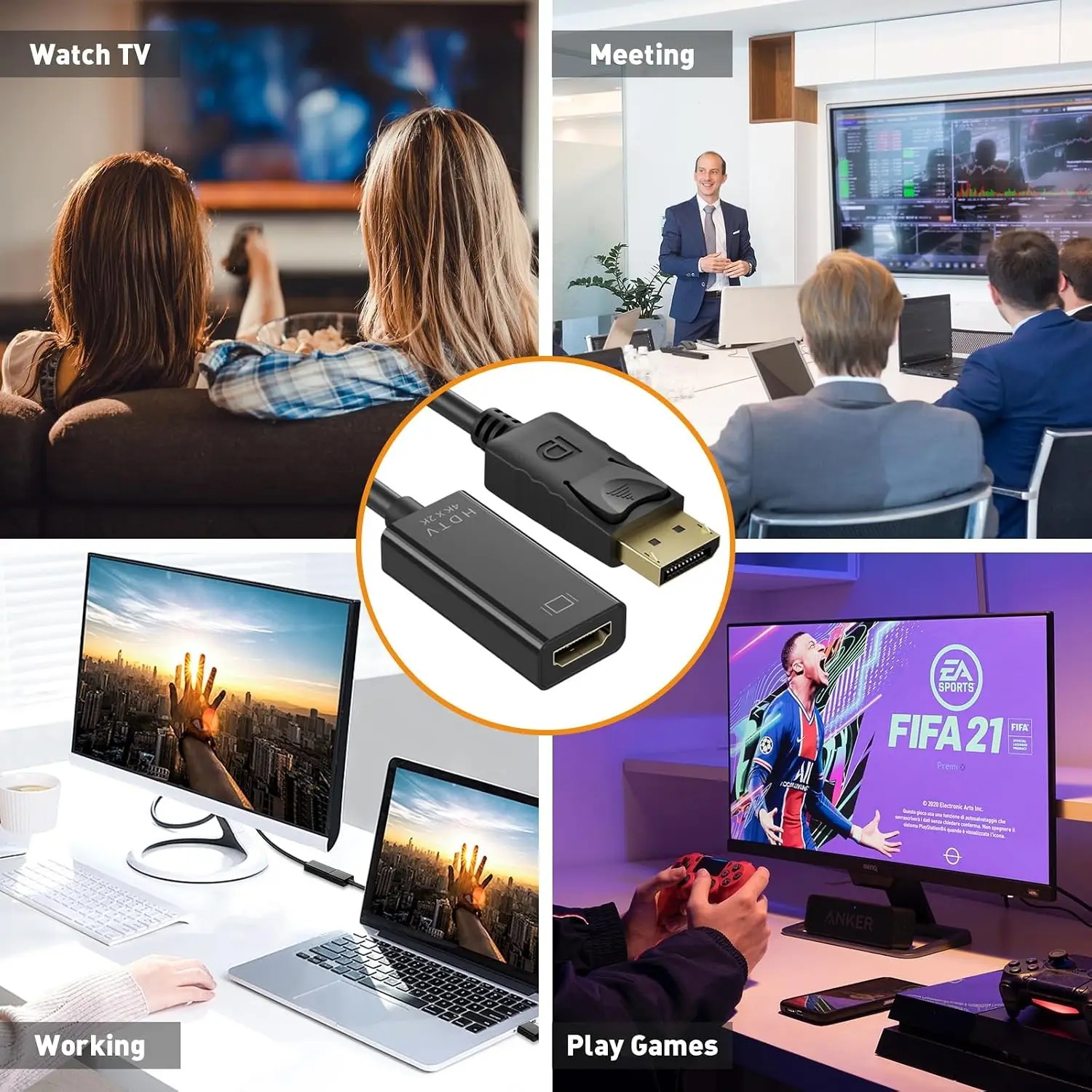 4K DisplayPort to HDMI Converter – Male to Female Video Adapter Cable for High-Resolution Display