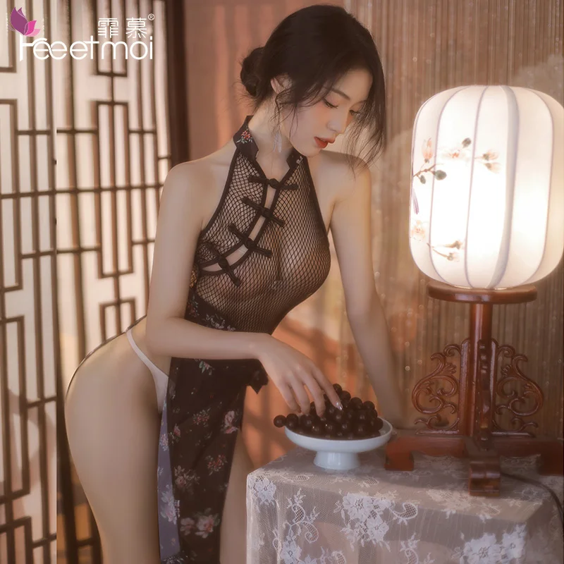 Black See Through Cheongsam Sexy Lingerie Bodysuit Porn Qipao Chinese Style Dress Traditional Hanfu Temptation Erotic Nightdress