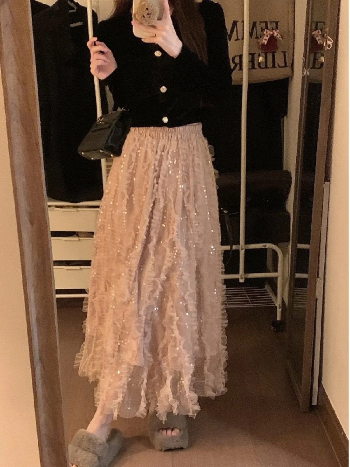 

Sequins Skirt French Gentle Heavy Embroidery Women Spring 2024 New High Waist Slimming Mid Length ALine Skirt Faldas