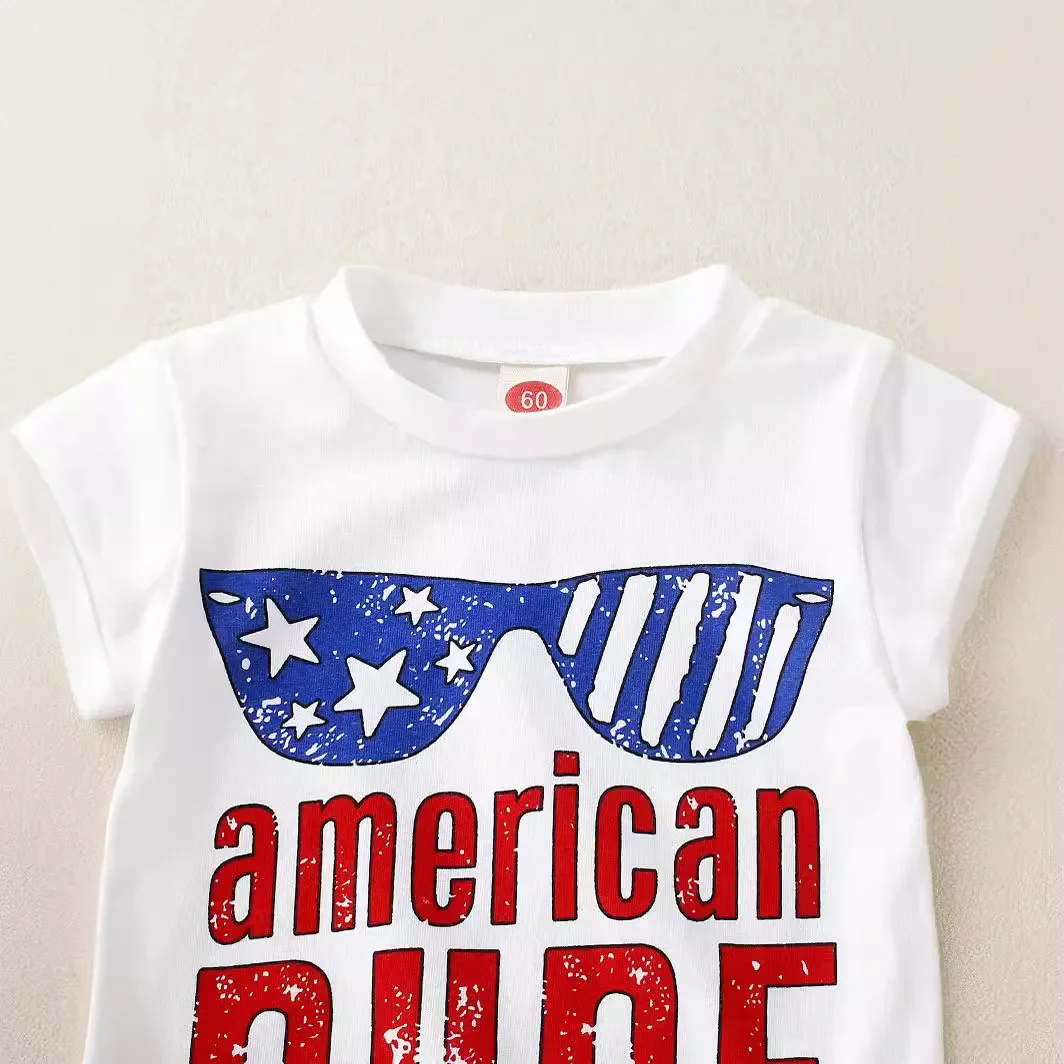 New Cotton Stretch Independence Day American Dude Printed Short Sleeve Baby Boy Romper Footed Crawling Suit for Infants And Todd