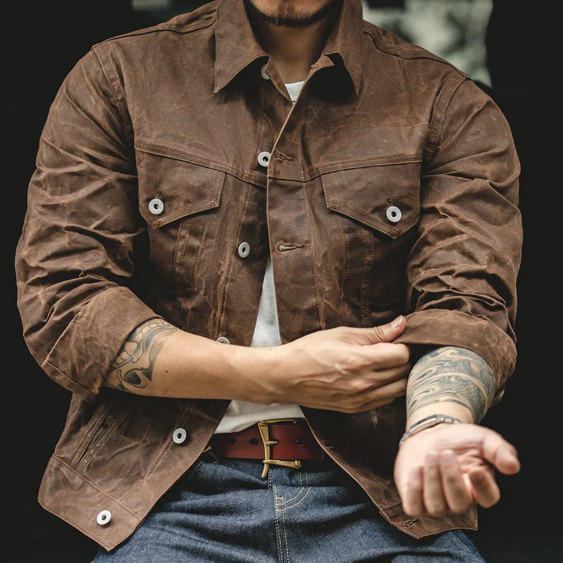 Maden Workwear American Retro Heavyweight Canvas Oil Wax Jacket Amekaji Hunting Oil Wax Jacket Men's Autumn cross back waxed canvas industrial apron butcher grill bbq florist gardener painter carpenter electrician plumber workwear f15