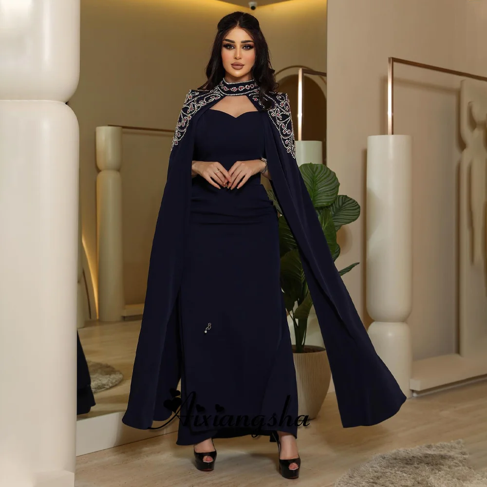 

Aixiangsha Graceful Straight Evening Dress V-Neck Cape Appliques Beads Ankle-Length Saudi Arabric Vestidos de Fiesta Customized