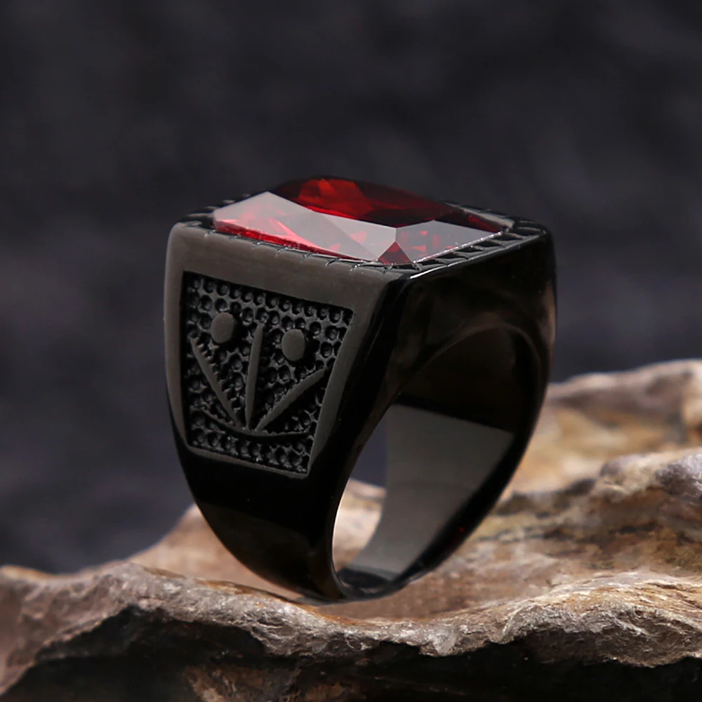 Fashion Stainless Steel Natural Red Stone Square Rings Punk