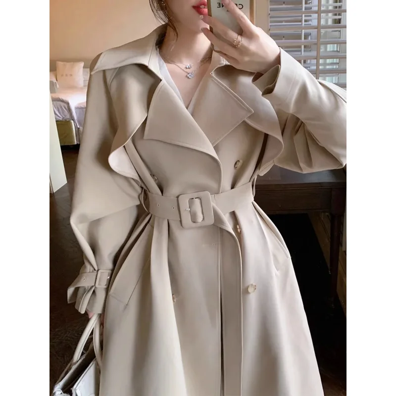 

Sandro Rivers 2023 New Women High-end Khaki Trench Coat Spring Autumn Ladies Cloak Wear A Belt Korean Fashion Trench Coat Female