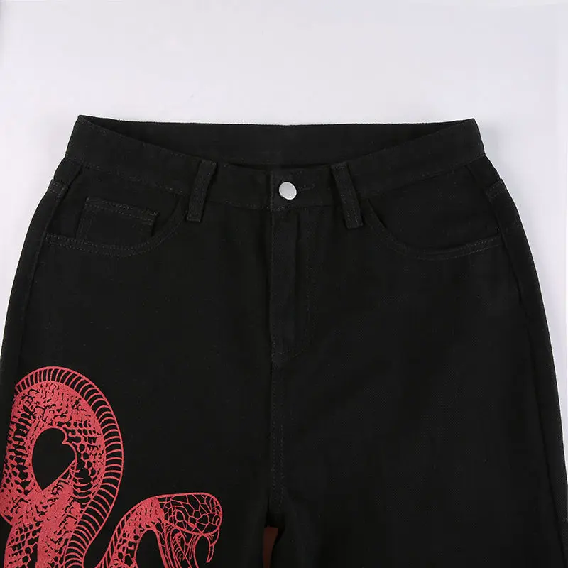 Calças de Brim Total em Linha Femininas Estilo Escuro Cintura Alta Comprimento Reta Cobra Padrão Calças 2022 Primavera Streetwear Senhoras Jeans Moda 12 Computers & Electronics