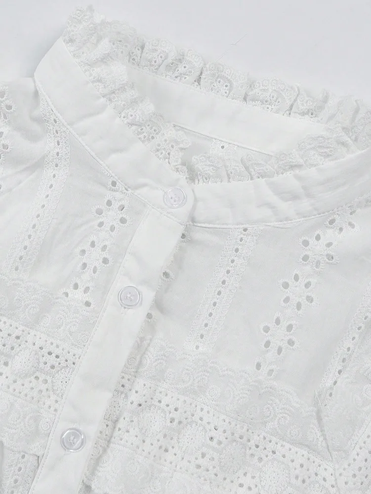 Ausgehöhlte Weiße Blusen für Damen Frühling/Sommer 2026 mit Stickerei, Langarm-Basis-Shirts, Lässige Baumwoll-Oberteile – Detail 9