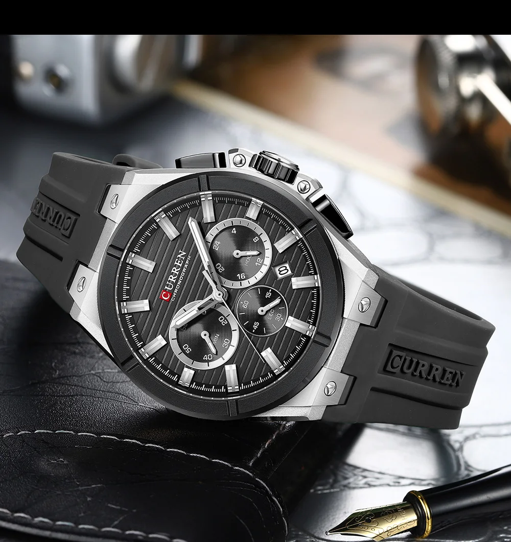 CURREN Moder Design 43mm Watch for Men with 3 Sub-Dials Quartz Movement Casaul Silicone Strap Wristwatch Luminous Hands and Date
