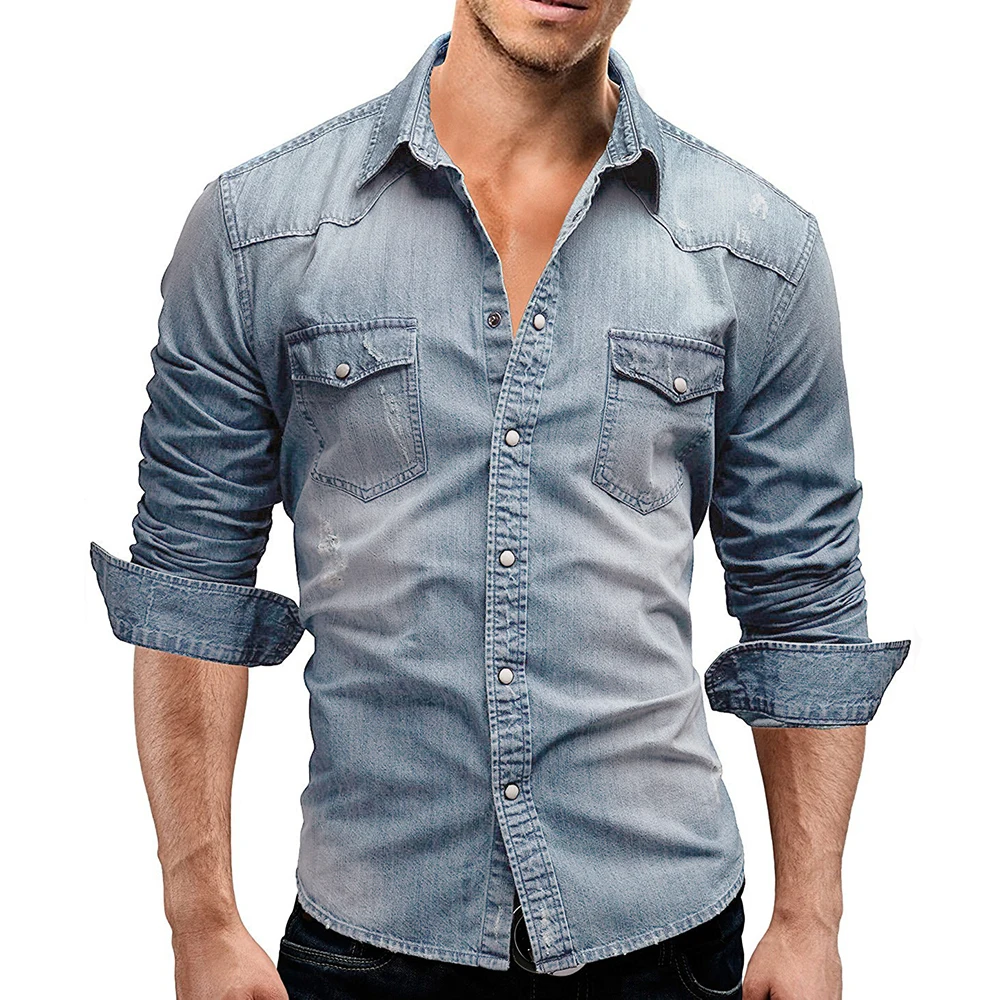 Men Autumn Denim Shirt Short Sleeve Soft Cotton Two Pockets Slim Slight Elastic Cowboy Shirt