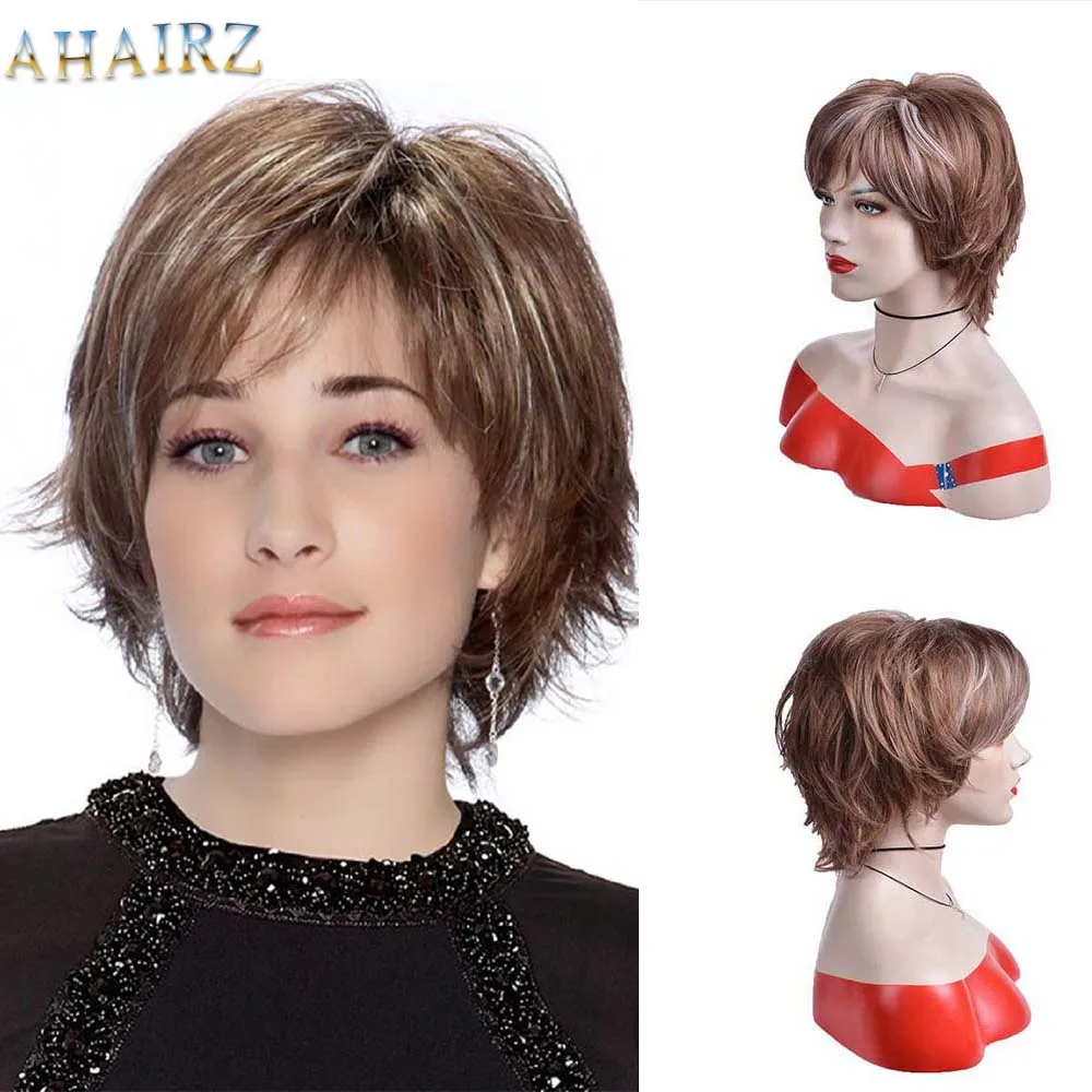 Womens Fashion Wig Short Brown Wigs Heat Resistant Synthetic Ombre Bob Hair Fancy Dress Party Wig for Women Daily Use