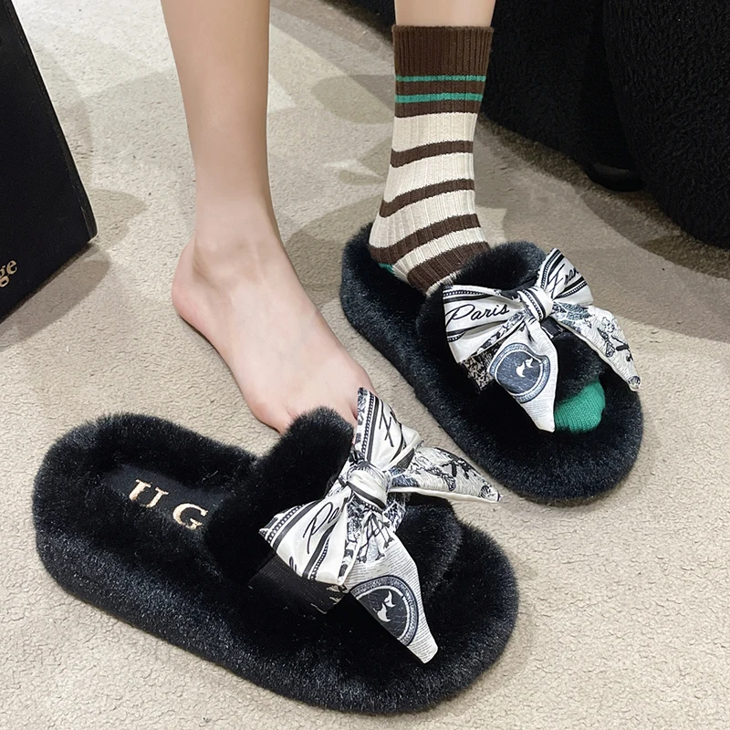 

Winter Women Fur Comfortable Shoes Butterfly-knot Decoration Slippers Warm Soft Indoor Home Slippers Casual Shoes Female 35-40