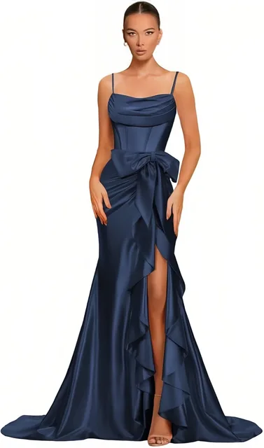 Spaghetti Straps Satin Prom Dresses for Women Mermaid Evening Gown Split off Shoulder Cocktail Dress with Bow Guest Dress 3