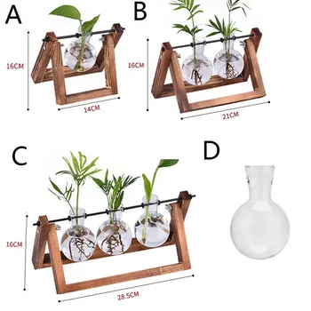 Hydroponic Plant Vases Glass Vase Vintage Bonsai Flower Pot Terrarium Tabletop Tray Wooden Frame Home Decor 5
