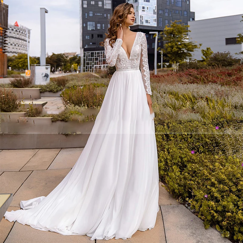 VIKTORIA Charming Chiffon A Line Bridal Dress 2022 Sexy V-neck Applique Lace Long Sleeve Backless Wedding Gowns with Sweep Train blue wedding dress