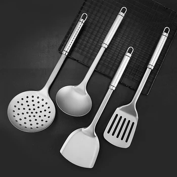 Non-Stick Titanium Wok Frying Spatula, Ladle Skimmer Spoon, Soup Ladle, Cooking Tools Set with Long Handle, Camping Utensils