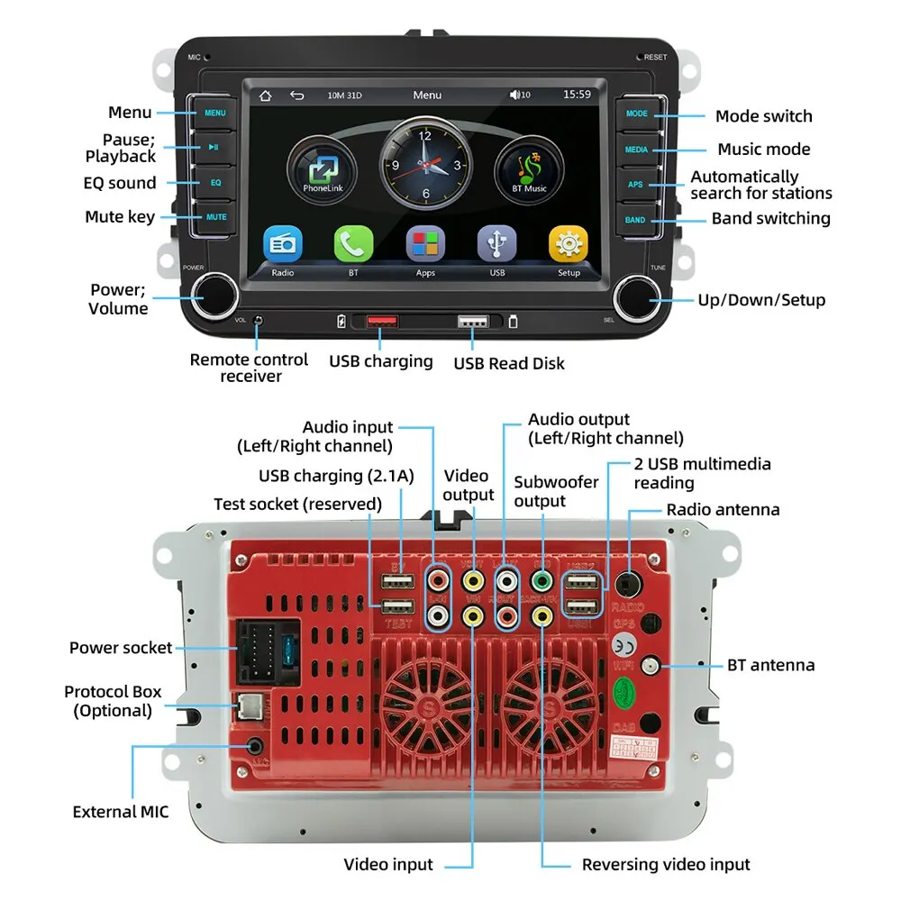 7 Inch Car Stereo MP5 Player Touchcreen BT AM/FM Radio Receiver with Android Auto Carplay USB Charge Support Hands-Free Calling