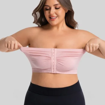 Women's Plus Size Strapless Front Closure Bandeau Bra Seamless Wireless Bralette Tube Top Non-Slip Everyday Brassiere Basics Y2K