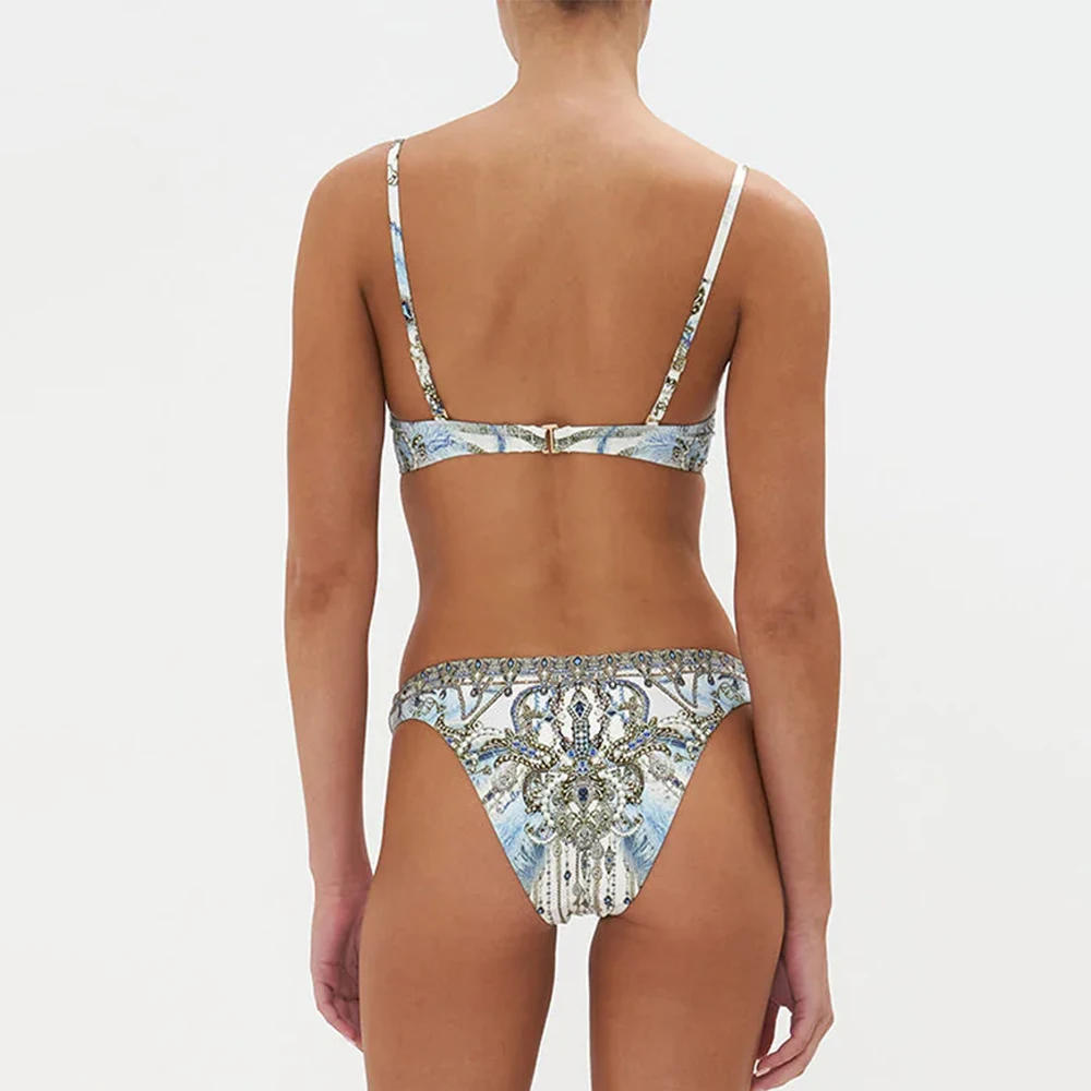 Vintage Court Style One Piece Bikini Geometric Feather Print Swimsuit Holiday Vintage Suspender Swimwear 2024 Women Beachwear