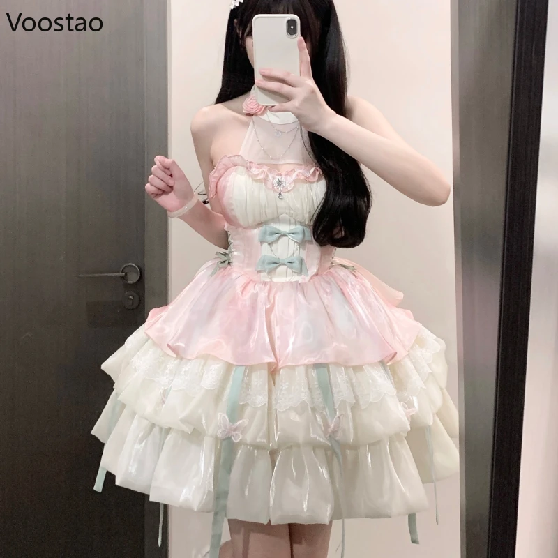 Vintage Victorian Lolita Princess Mini Dress Women Gothic Y2k Bow Lace Ruffles