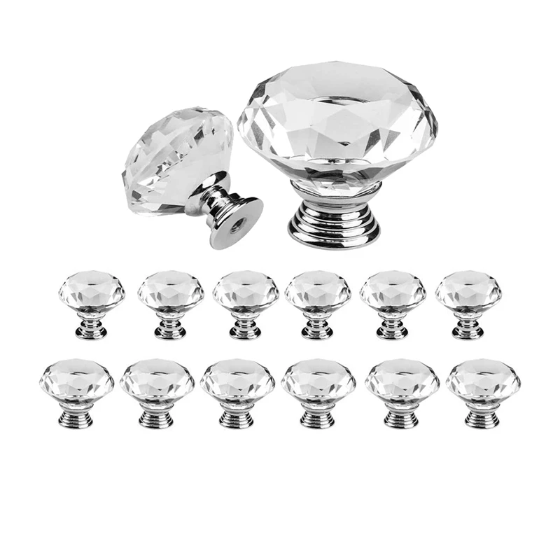Crystal Door Knobs,6Pcs 30 mm+6 Pcs 40 mm Clear Drawer Furniture