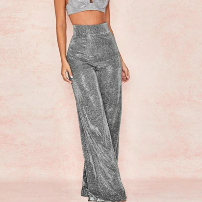 Fashion Street Style Sequins Long Trousers High Waist Solid Loose Wide leg Bottoms Shiny Sexy Elastic Pants Palazzo Lady Clothes