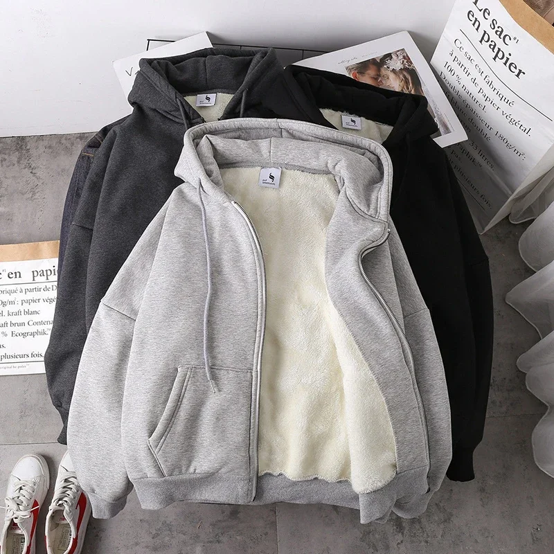 

Jacket women solid color 2020 autumn winter new imitation lamb wool korean loose plus velvet thick hooded zipper sweatshirt tops