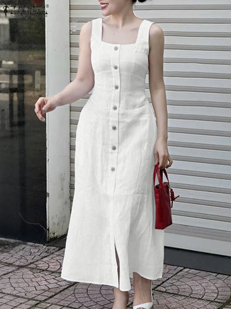 ZANZEA Elegant Cinched Waist Women's White Maxi Dress Square Neck Sleeveless Button Up Solid Color Long Sundress Commuting Wear