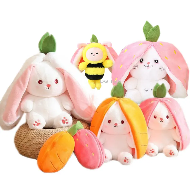 New Creative Funny Carrot Rabbit Plush Toy Stuffed Soft Bunny Bee Cat Hiding in Strawberry Bag Cute Toys for Kids Birthday Gifts