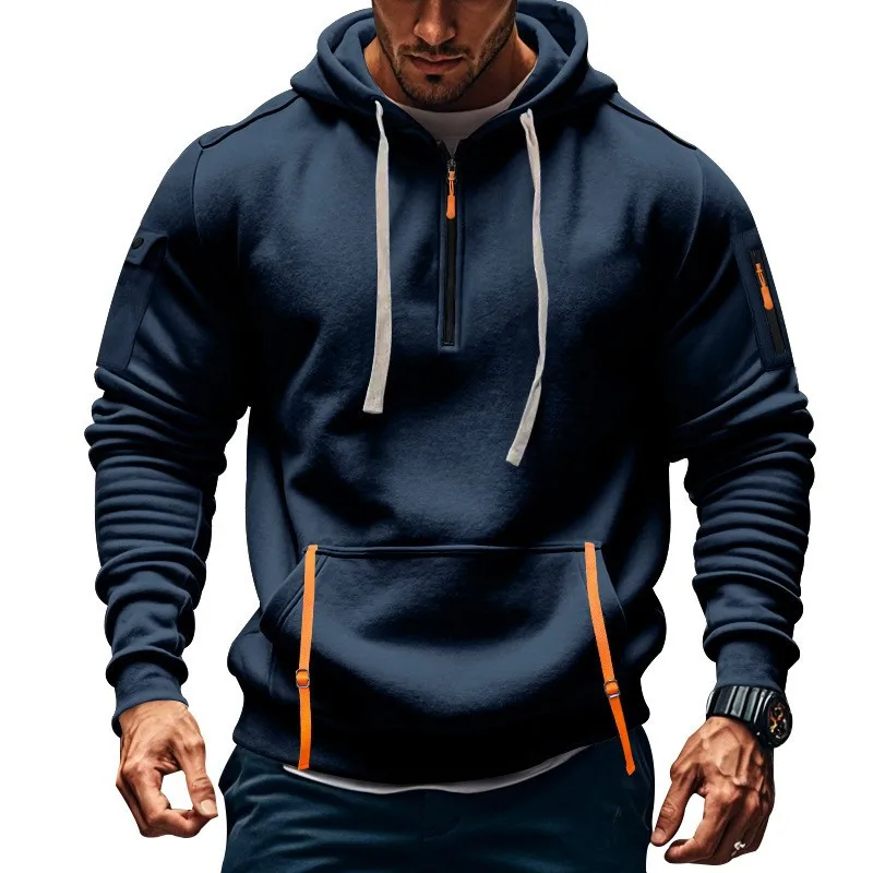 Autumn and Winter New Men's Outdoor Sports Tooling Wind leisure comfortable solid color arm pocket zipper long-sleeved hoodie 2