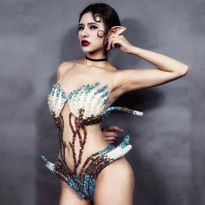 

Боди без рукавов с блестками и эльфом, большие эластичные сексуальные прозрачные женские Комбинезоны для выпускного вечера и бара, комбинезон для выступления певицы