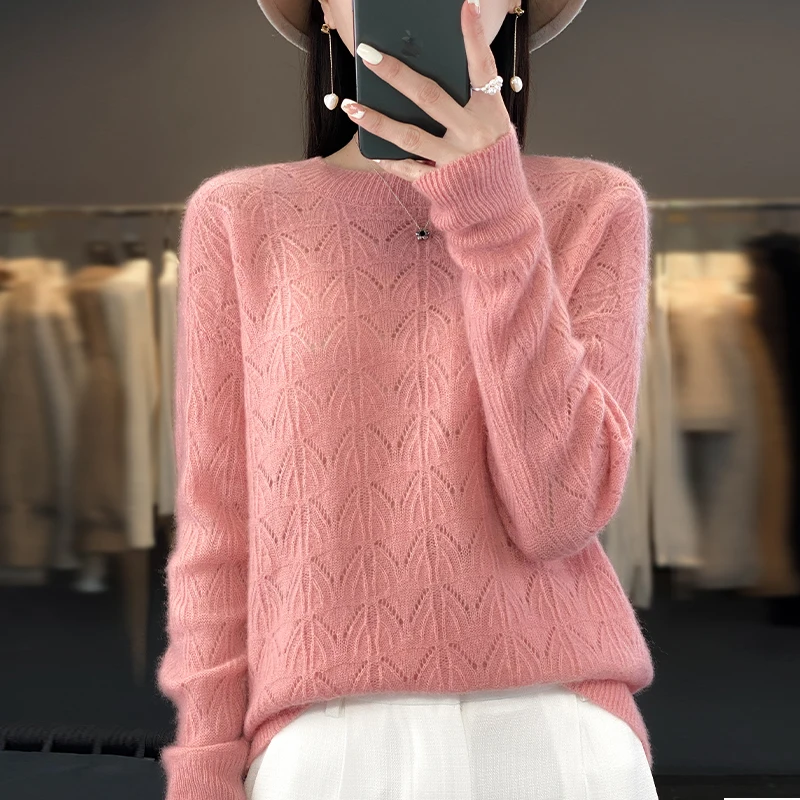 

BELIARST Women's Clothing Sweater Spring and Autumn New Knitted Hollow Top 100% Merino Wool O-Neck Pullover Cashmere Sweater